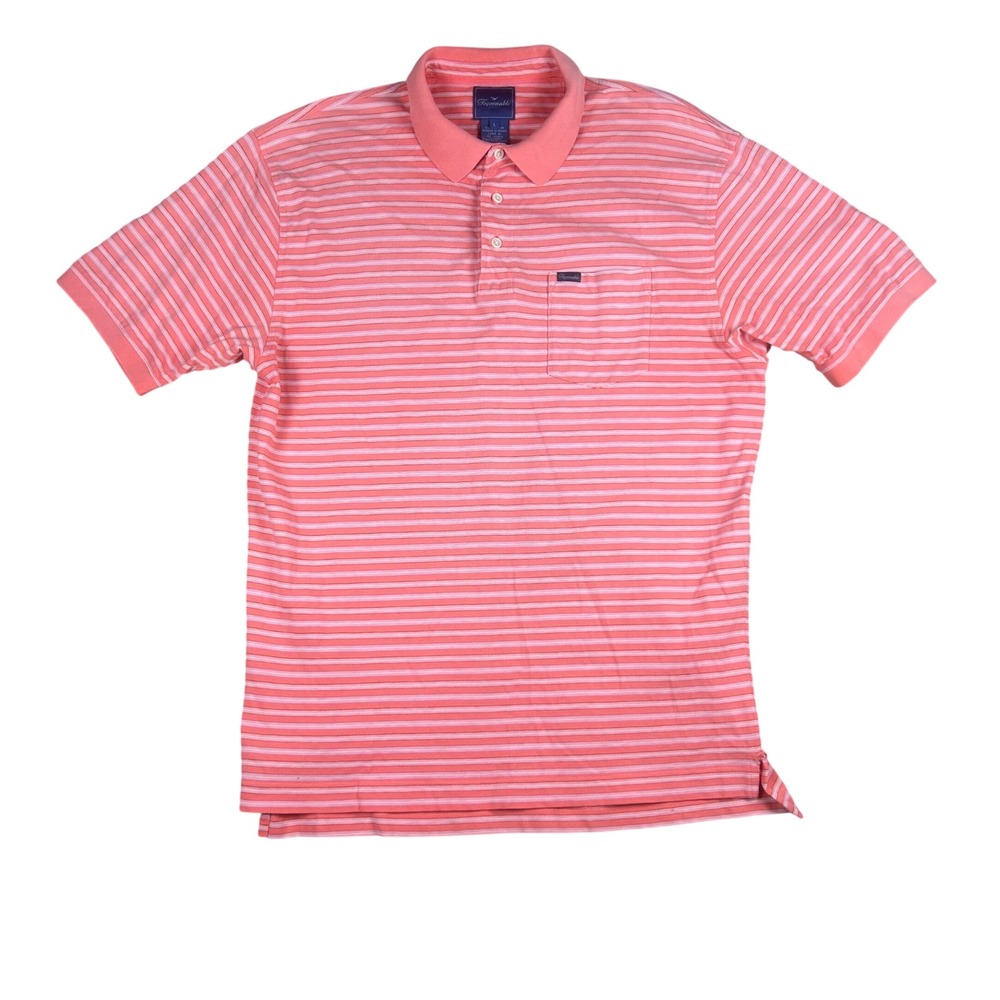 Faconnable Mens Large Coral Pink Striped Short Sleeve Cotton Pique Polo Shirt